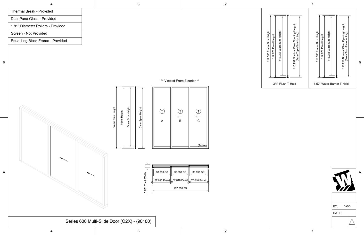 OXX - 1 Fixed Panel Stacking with 2 Vent Panels -  (90100 - 9' Wide by 10' High)