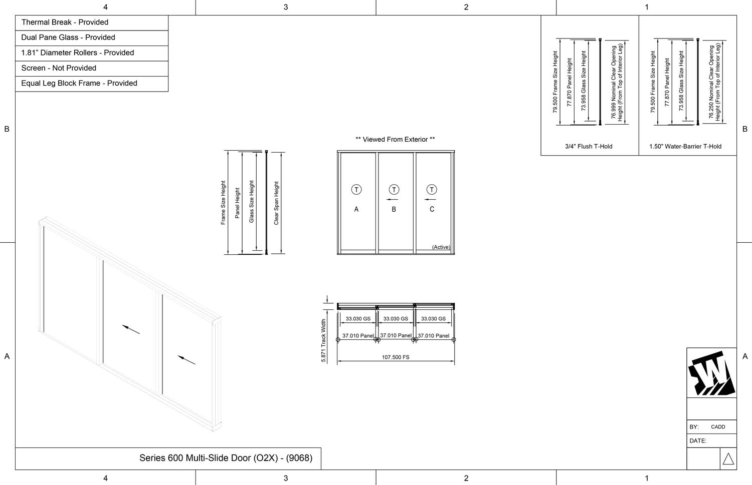 OXX - 1 Fixed Panel Stacking with 2 Vent Panels -  (9068 - 9' Wide by 6'8" High)