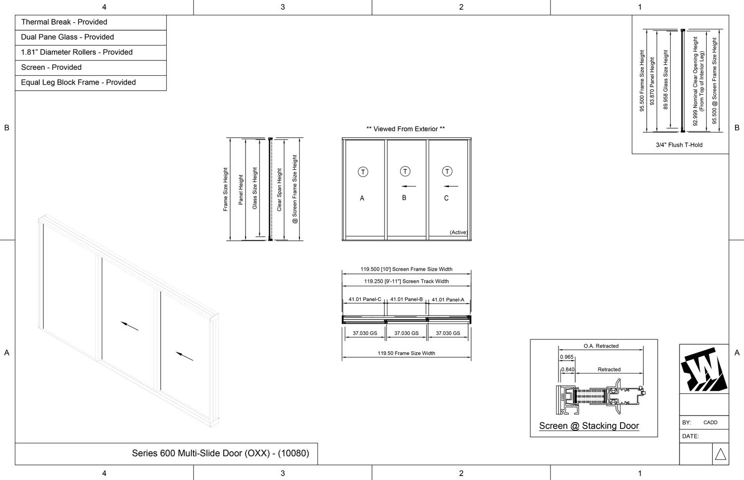 OXX - 1 Fixed Panel Stacking with 2 Vent Panels -  (10080 - 10' Wide by 8' High)