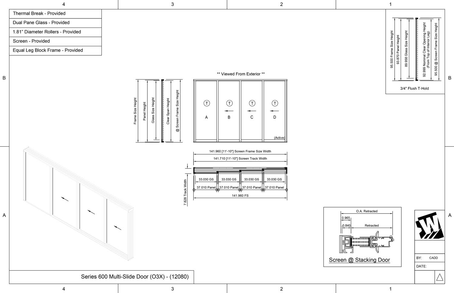 OXXX - 1 Fixed Panel Stacking with 3 Vent Panels - (12080 - 12' Wide by ...