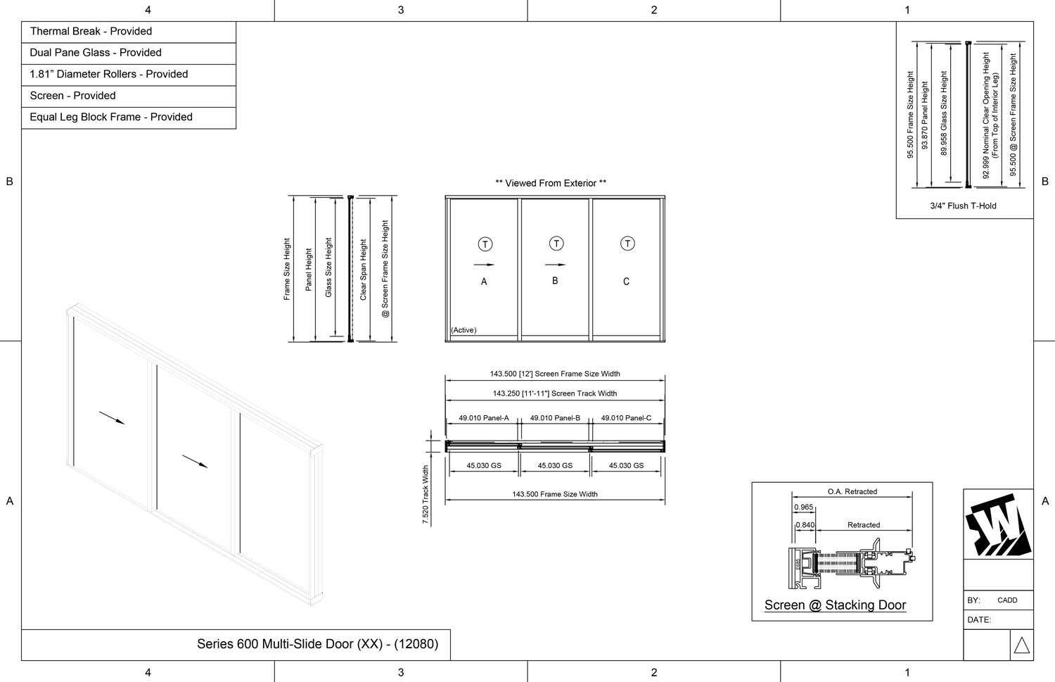 XXO - 2 Vent Panels Stacking with 1 Fixed Panel -  (12080 - 12' Wide by 8' High)