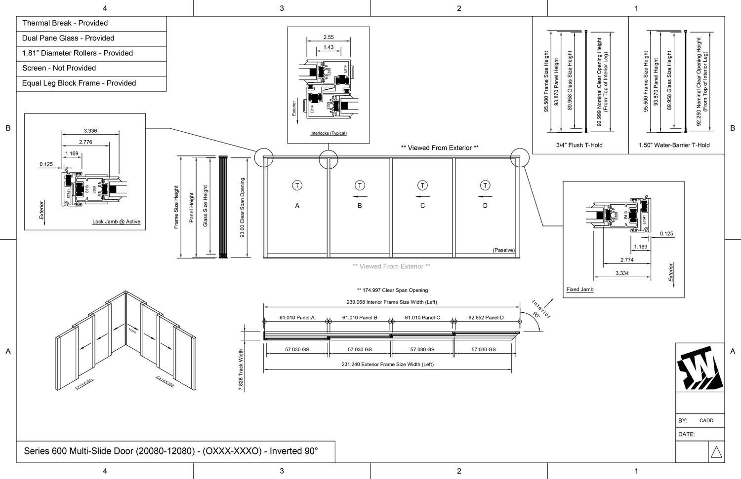 OXXX-XXXO - 1 Fixed Panel Stacking with 3 Vent Panels - 3 Vent Panels Stacking with 1 Fixed Panel -  (20080-12080 - 20' Wide by 8' High / 12' Wide by 8' High)