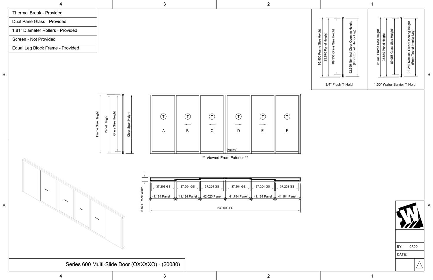 OXXXXO - 2 Fixed Panels Bi Parting with 4 Vent Panels -  (20080 - 20' Wide by 8' High)