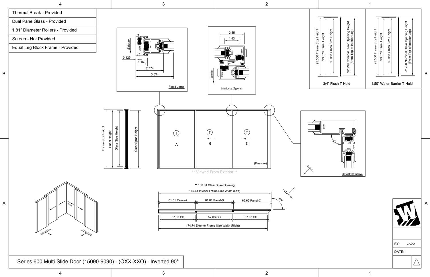 OXX-XXO - 1 Fixed Panel Stacking with 2 Vent Panels - 2 Vent Panels Stacking with 1 Fixed Panel -  (15090-9090 - 15' Wide by 9' High / 9' Wide by 9' High)